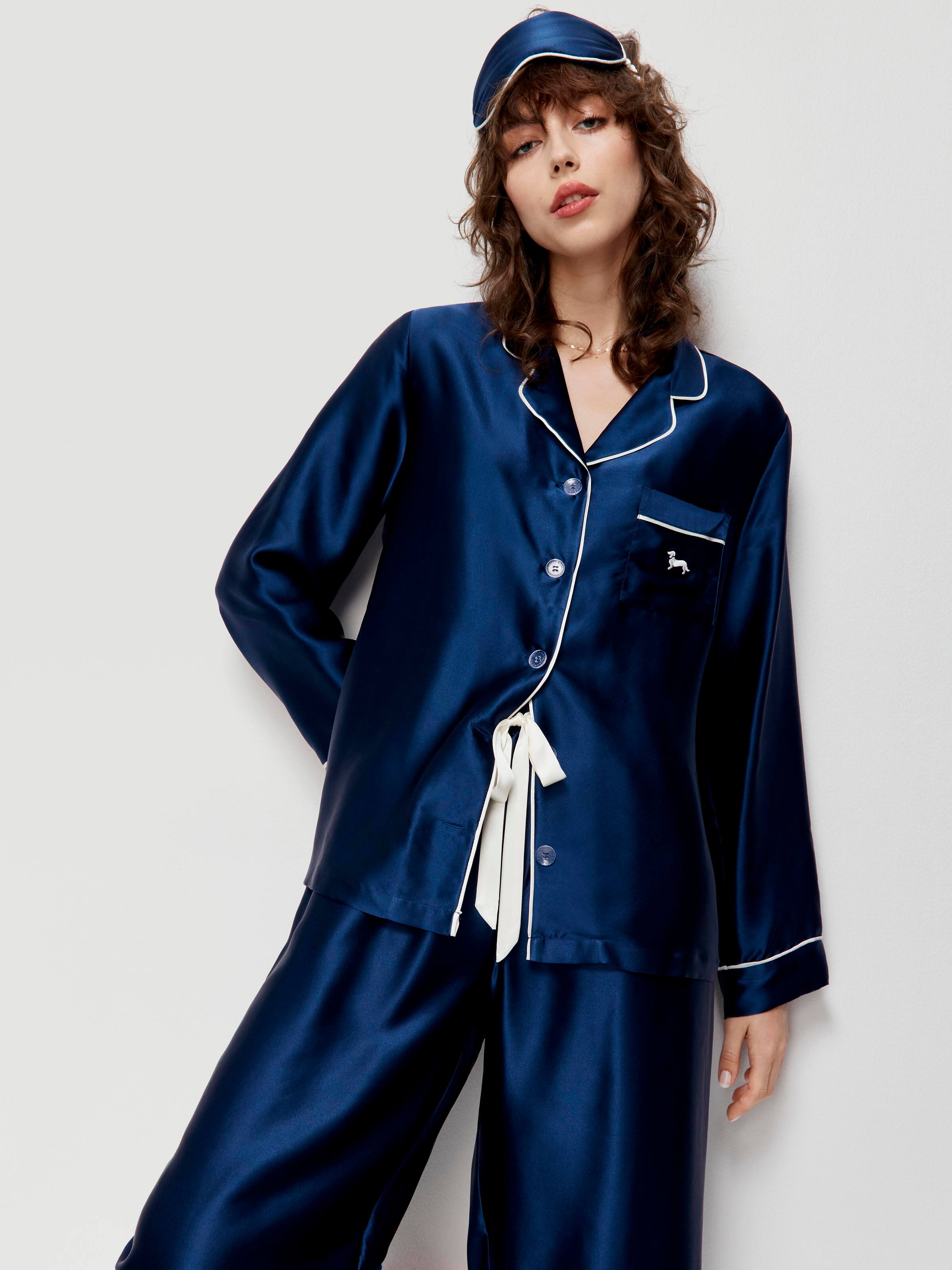 Navy Mulberry Silk Pj Set With Eye Mask
