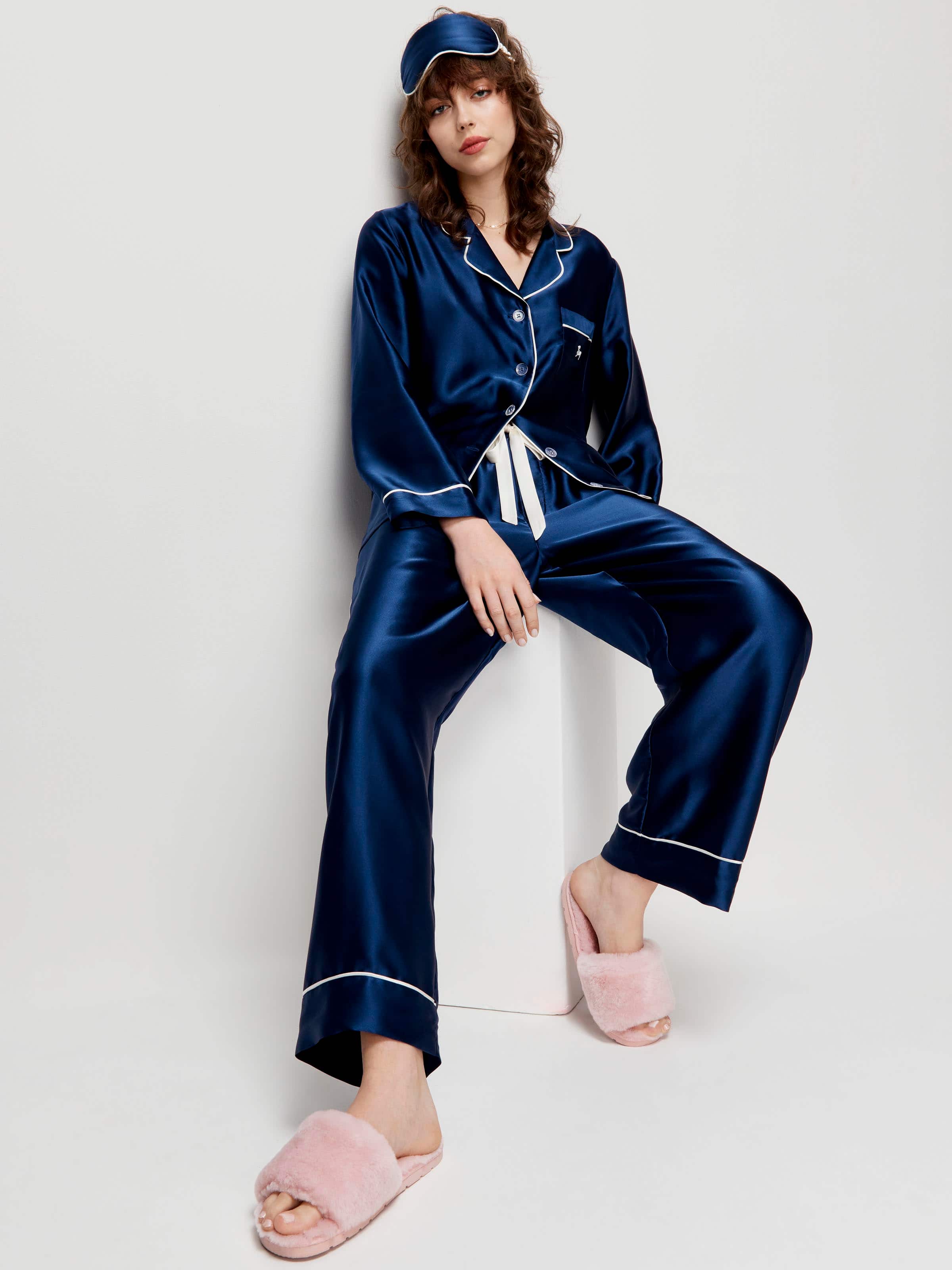 Navy Mulberry Silk Pj Set With Eye Mask